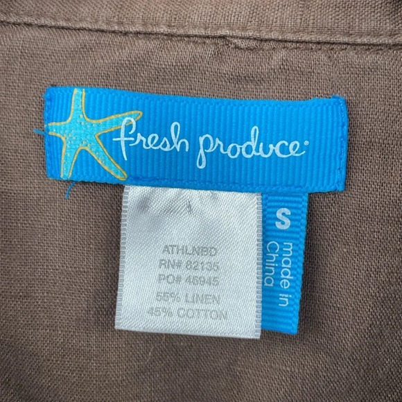 Fresh Produce Top Women’s size Small Brown Linen Button Up Tabbed 3/4 Sleeve - Picture 4 of 10